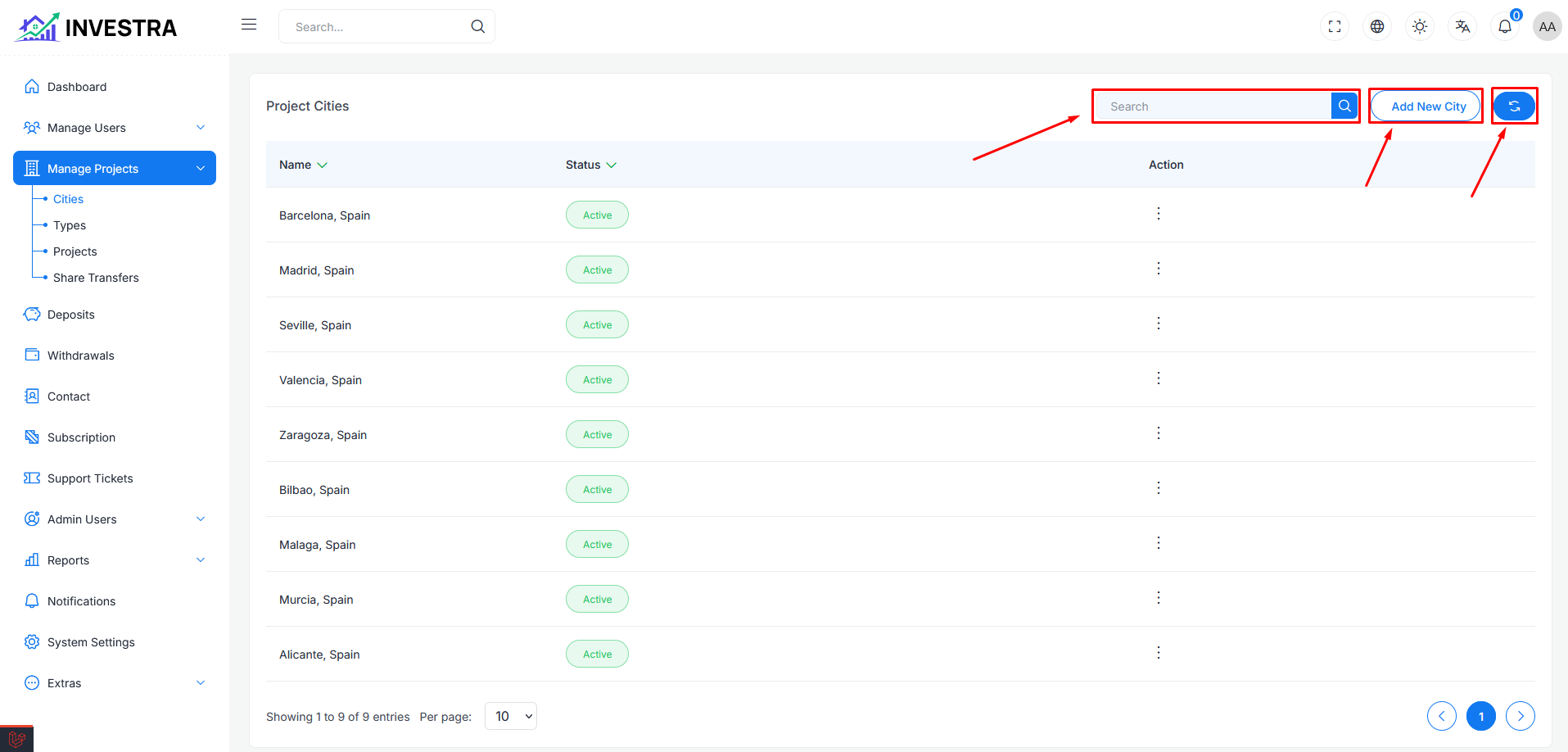 Search, Add City and Refresh Controls Page Controls