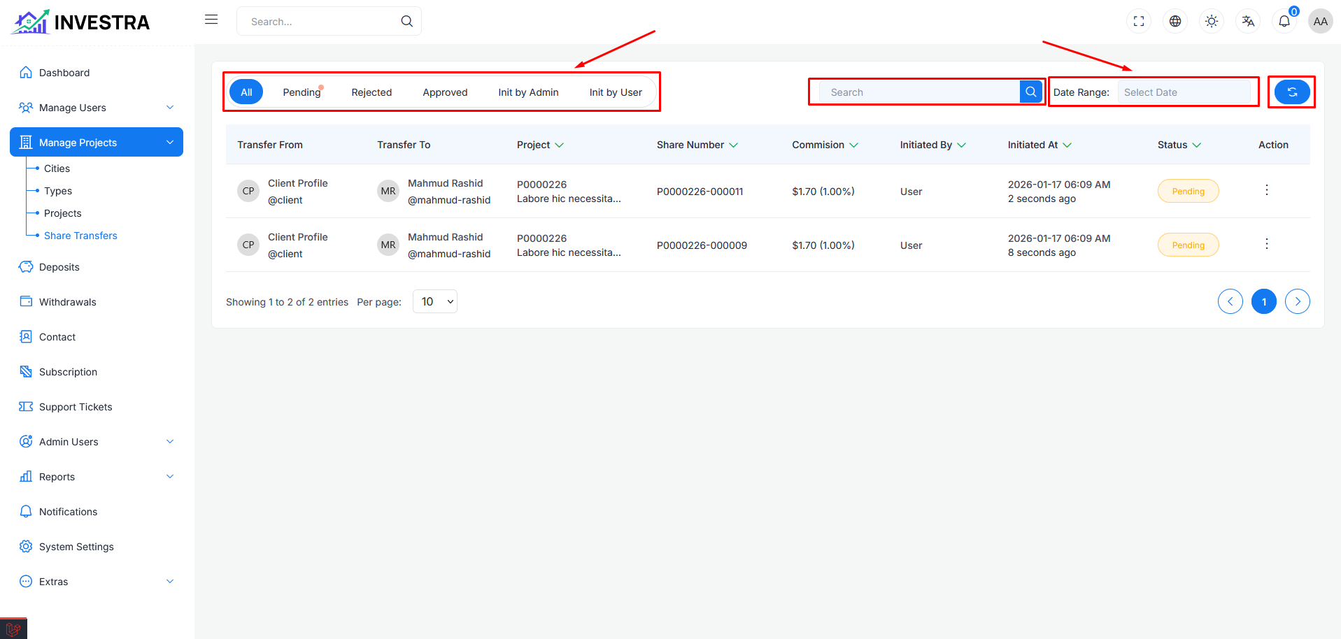 Search and Filter Controls Page Controls
